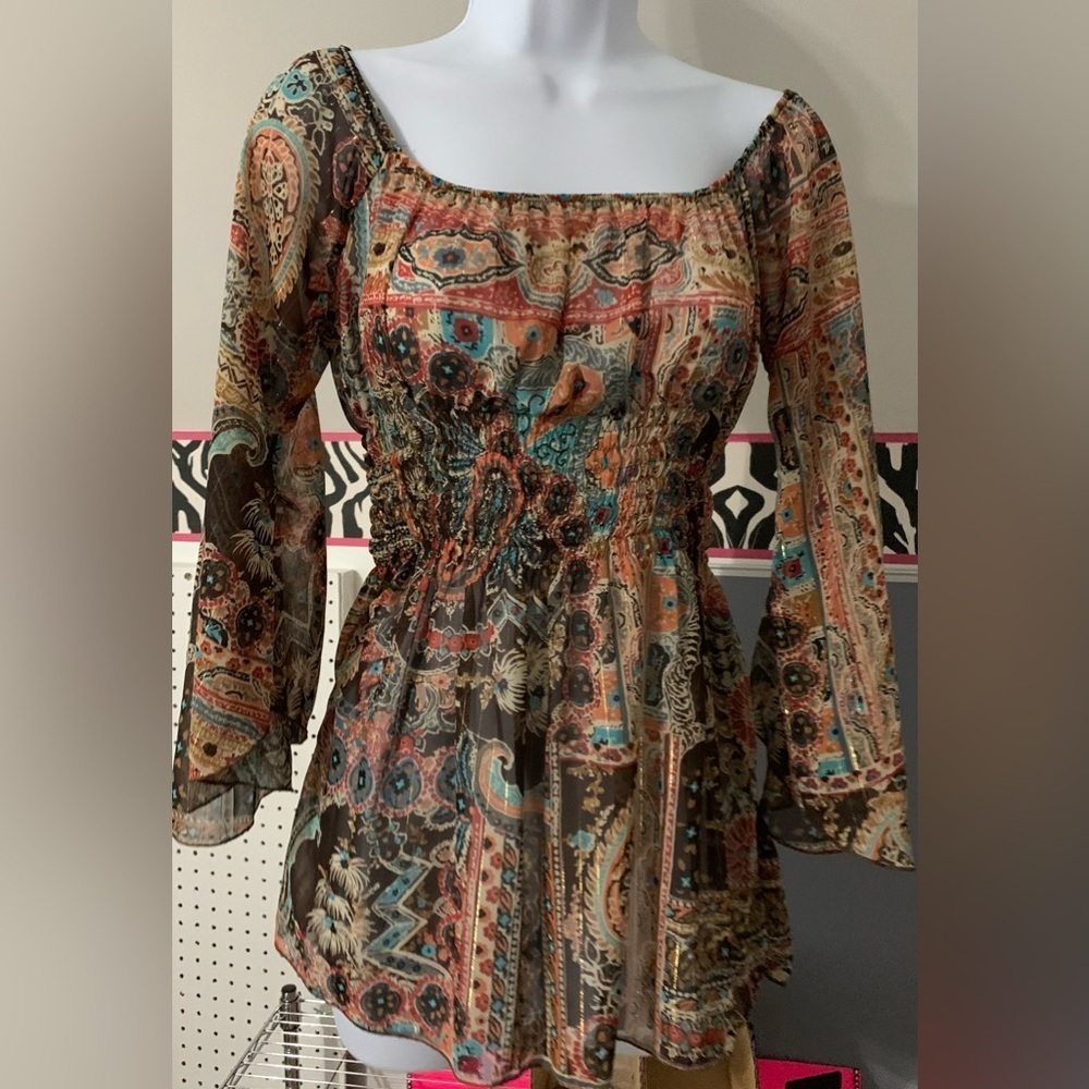 VTG Jordache Boho Sz Sm, Sheer Artsy Top with off shoulder & Bat Wing Sleeves - Picture 1 of 7